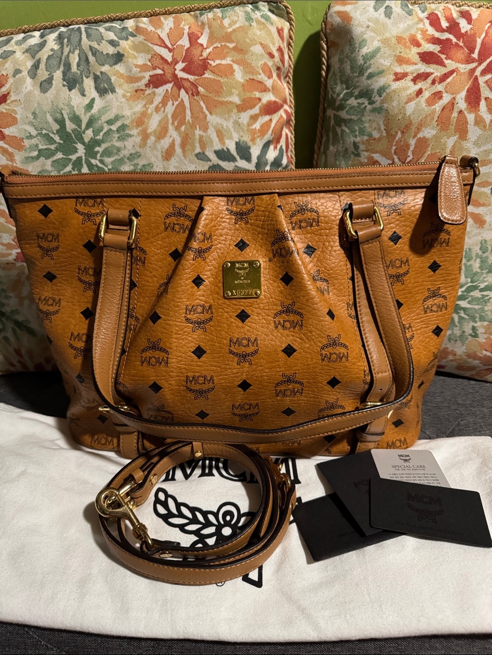 MCM Cognac Visetos Monogram Shoulder Bag with Gold Hardware